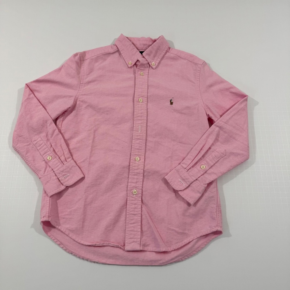 Ralph Lauren Button Down Shirt Kids Size 7 Pink Long Sleeve Oxford Pony Logo